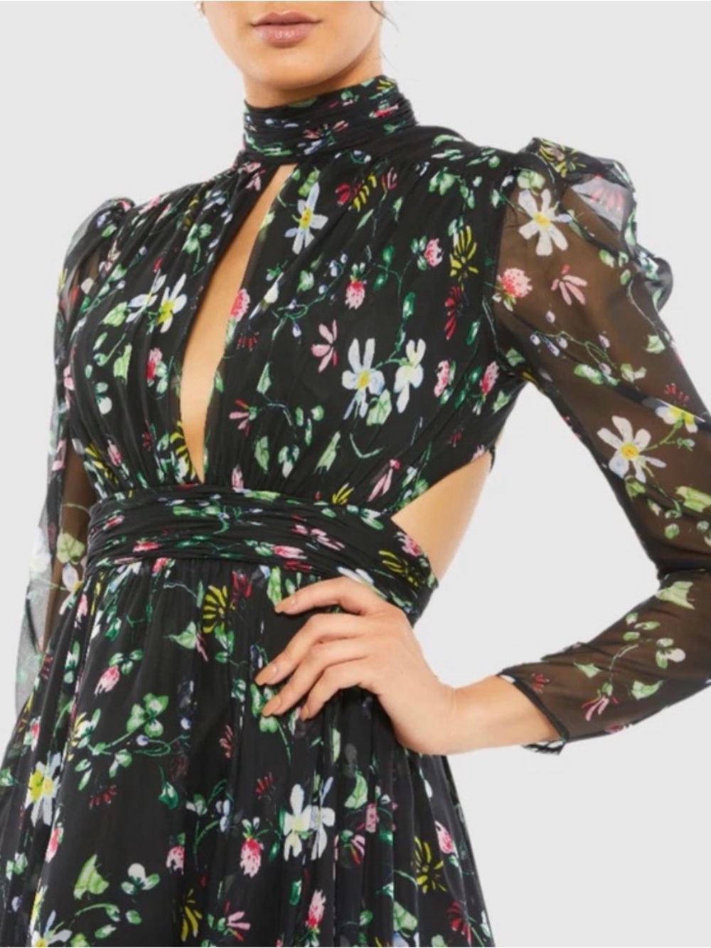 Mac Duggal Black Multicolor Floral High Neck Puff Sleeve Lace Up Back Gown - Picture 2 of 10